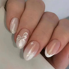 Snowflake Bow Press on Nails 24Pcs Short Oval Nails