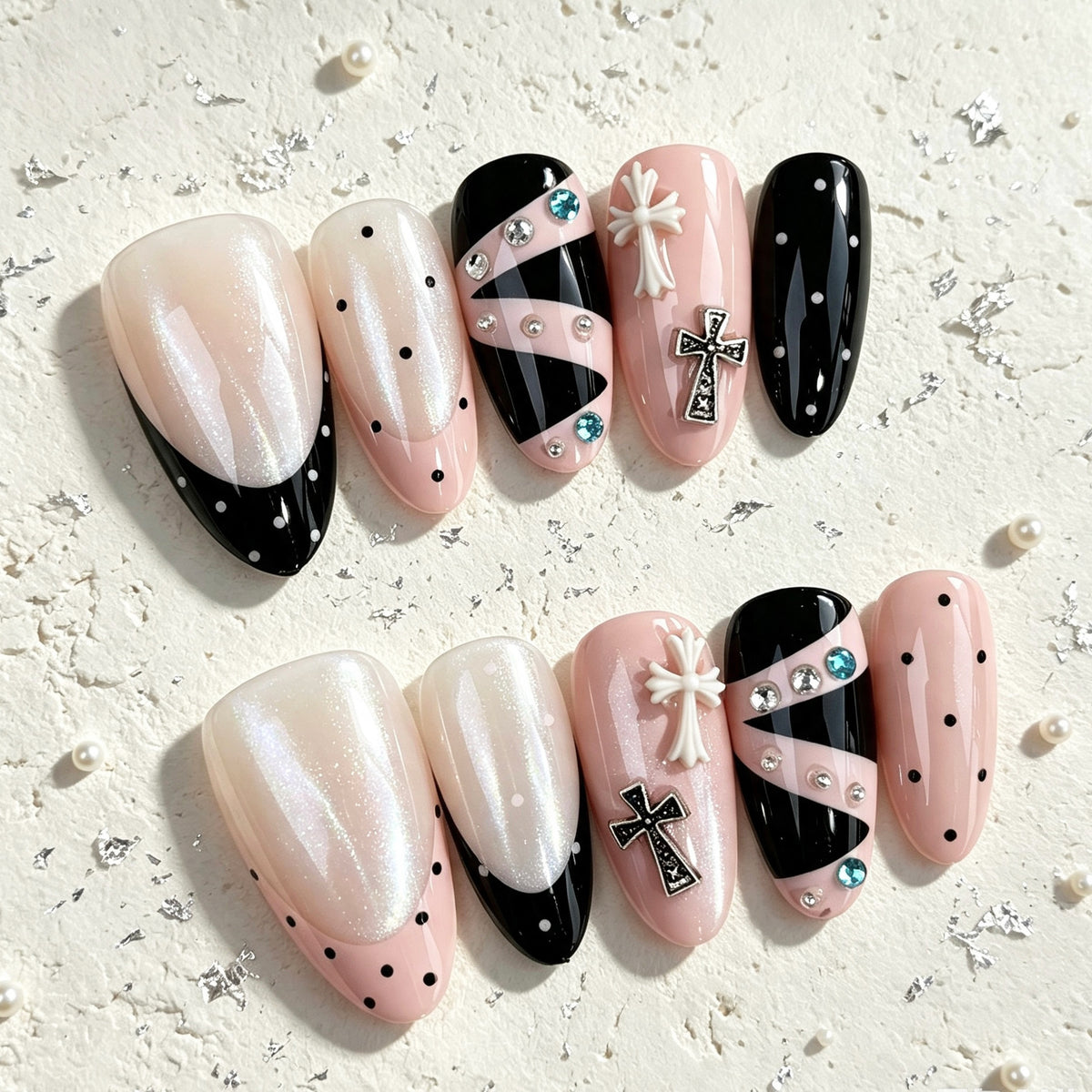 Y2K Black Pink French Presson on Nails 10Pcs Medium Almond Nails