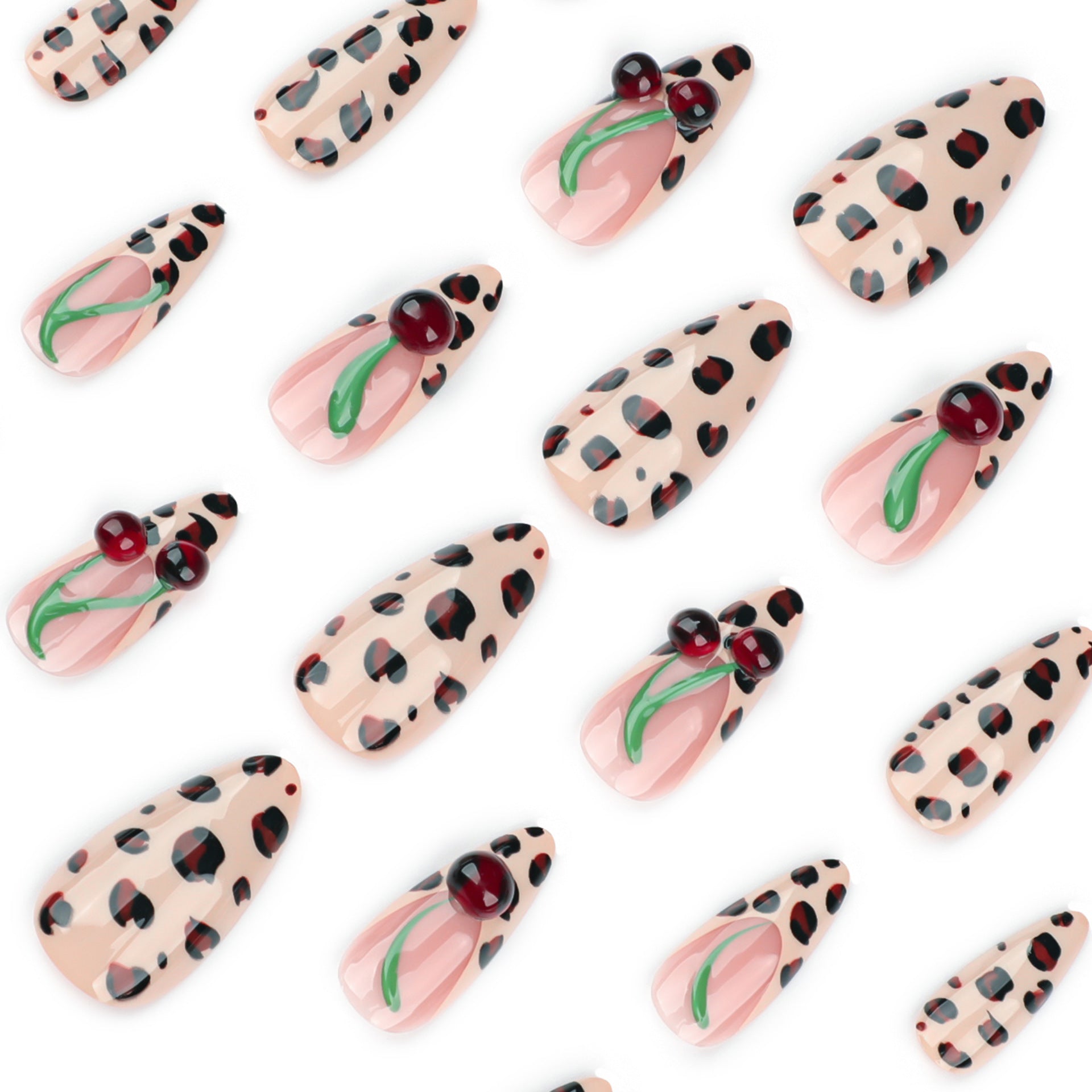 Leopard Print Cherry Press on Nails 24Pcs Medium Almond Nails