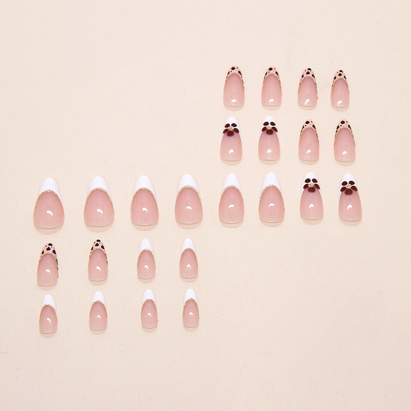 French Leopard Print Flower Presson on Nails 24Pcs Medium Almond Nails