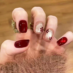 Ruby Glass Bead Cat Eye on Nails 10Pcs Short Square Nails