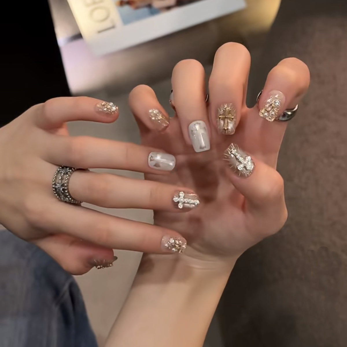 Fairy Powder Holy Light Cross（Handmade press on nails）/10Pcs Square Nails