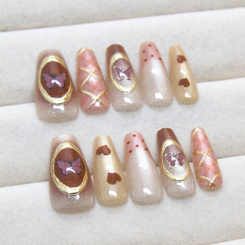 Plaid Butterfly Heart Cat Eye（Handmade press on nails）/10Pcs Ballerina Nails