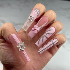 Bow Snowflake Pink Press on Nails 24Pcs Long Squoval Nails