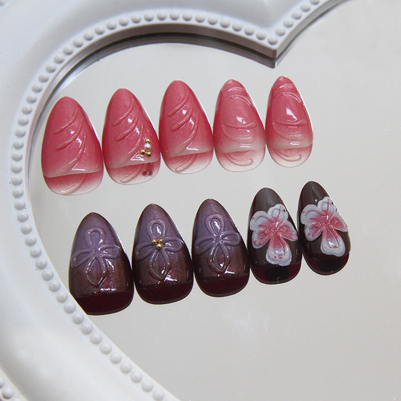 3D flower Purple Press on Nails 24Pcs Short Almond Nails