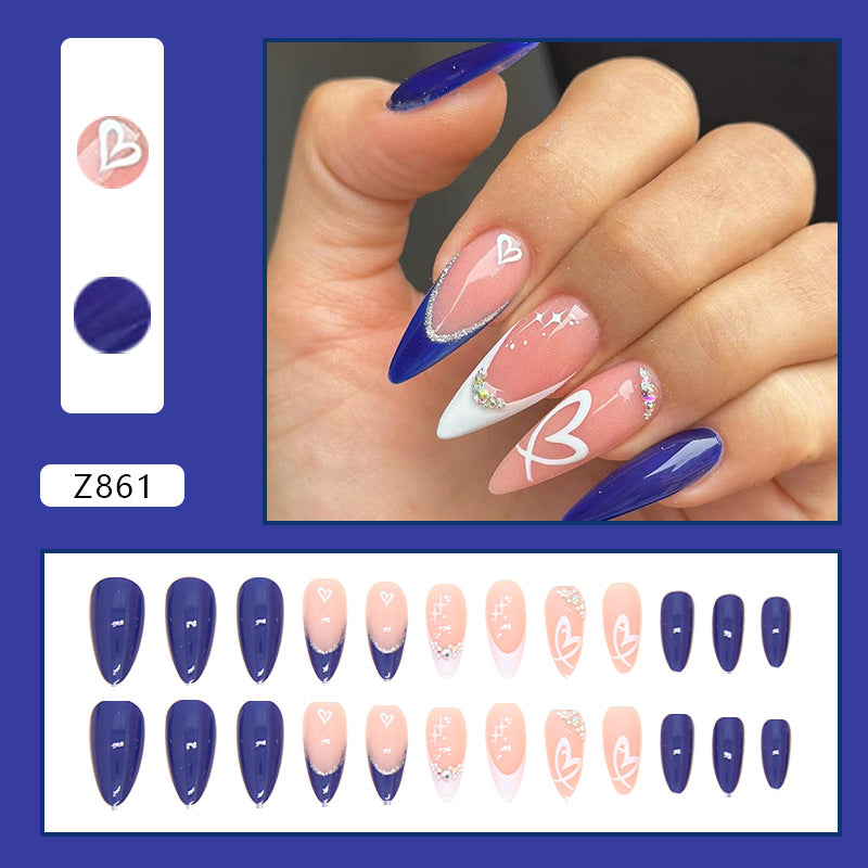 Blue Diamond Press on Nails 24Pcs Medium Almond Nails