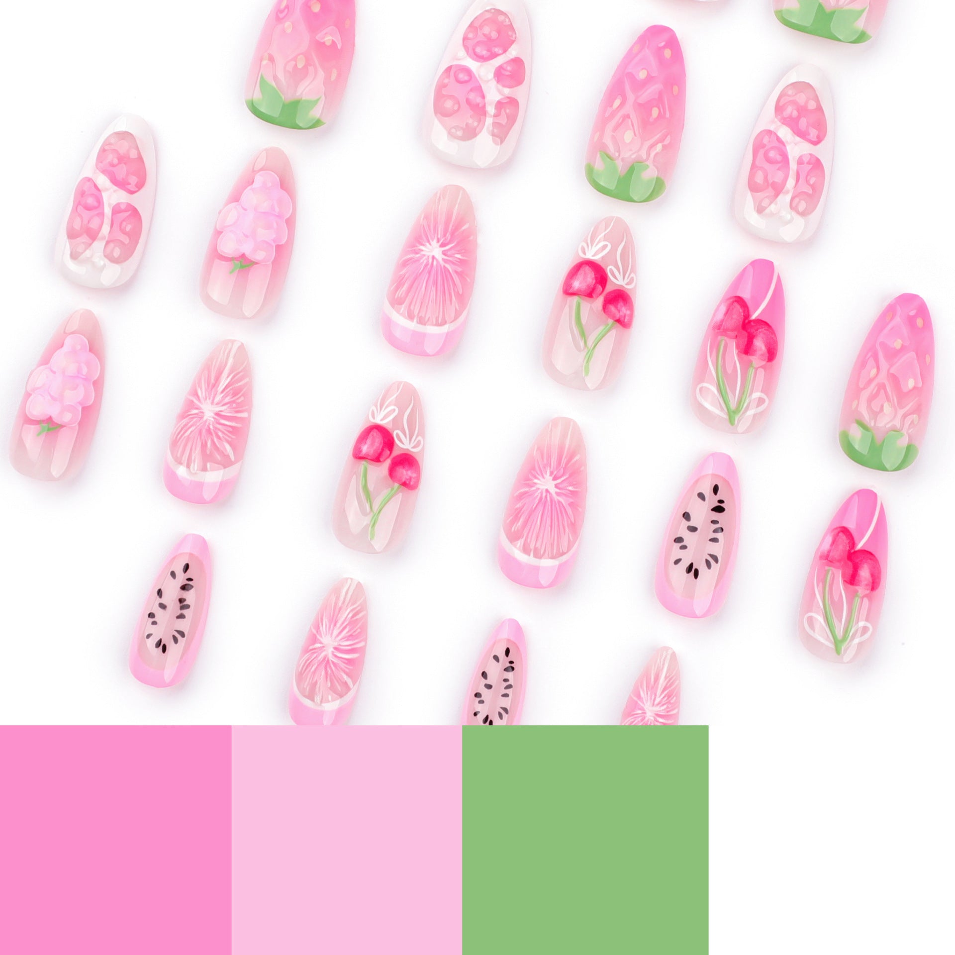 3D Fruit Strawberry Cherry Press on Nails 24Pcs Medium Almond Nails