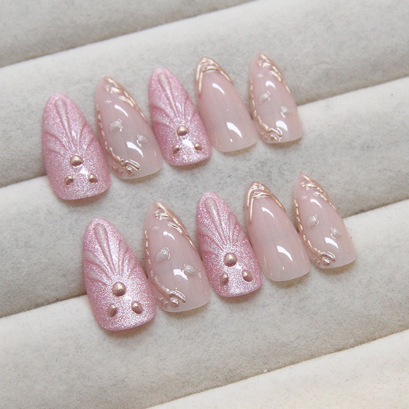 3D shell golden lines Pink Press on Nails 24Pcs Medium Almond Nails