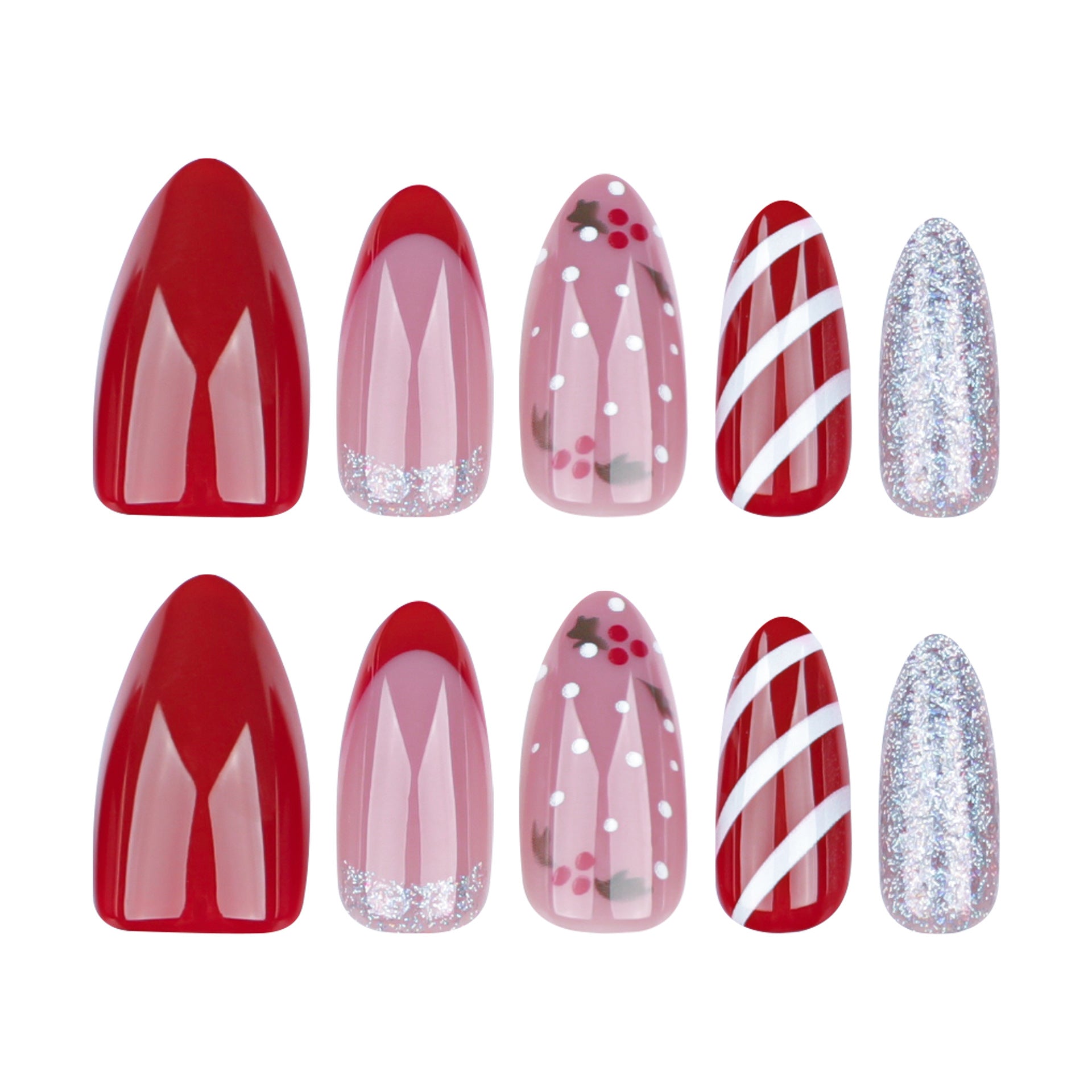 Red Candy Stripes Press on Nails 24Pcs Medium Almond Nails