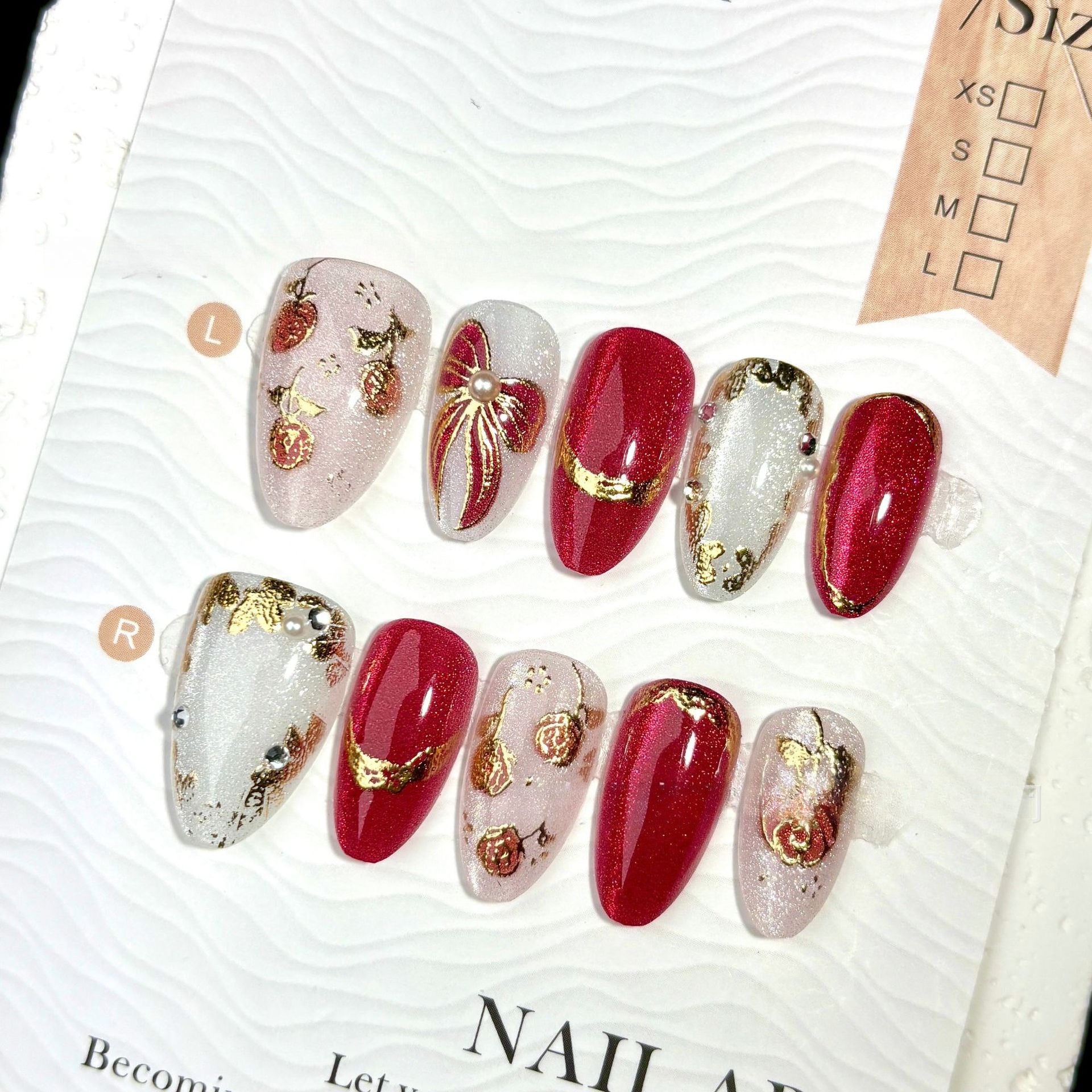 Rose Bow Cat Eye（Handmade press on nails）/10Pcs Almond Nails