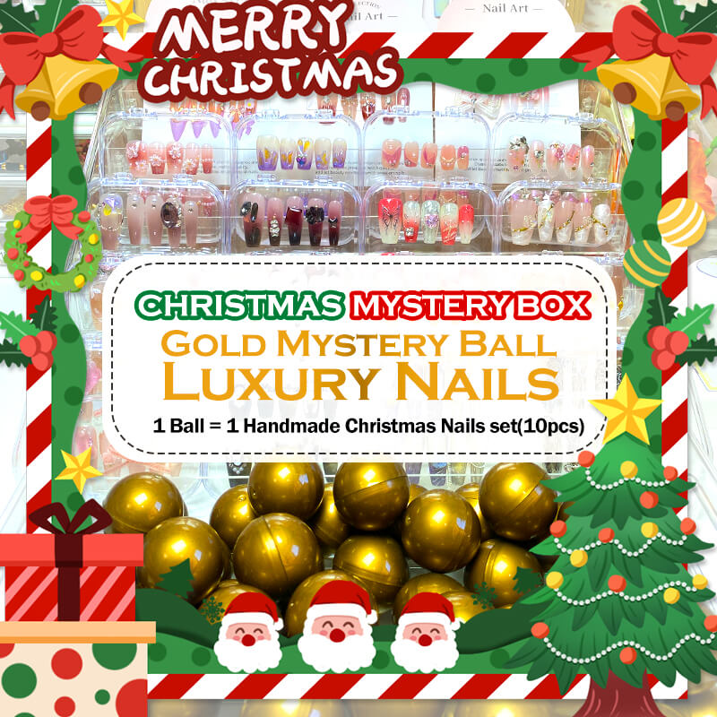 【CHRISTMAS-GOLD MYSTERY BALL】Luxury Nails with 10pcs Handmade Christmas Press On Nails