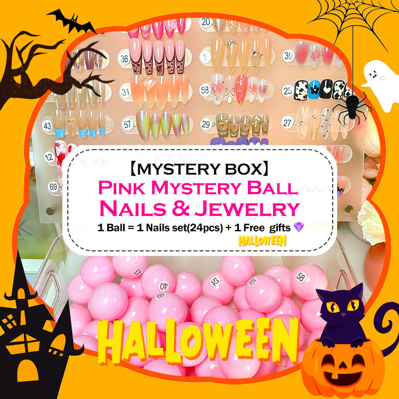 【HALLOWEEN-PINK MYSTERY BALL】 Halloween Style Nails & Jewelry 1 Nail Set With 24pcs Handmade Press On Nails/All Size