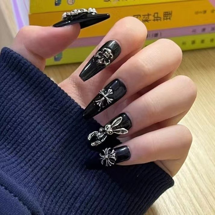 Black Baroque Handmade Press on Nails 10Pcs Long Ballerina Nails  