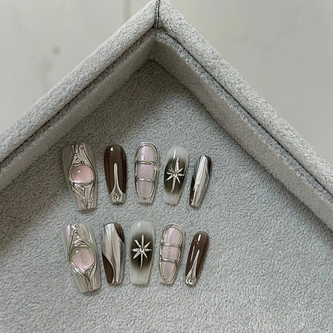 Silver Star（Handmade Custom Nails）/10Pcs Coffin Nails