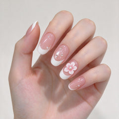 French Water Beads 3D Flower Presson on Nails 10Pcs Medium Oval Nails
