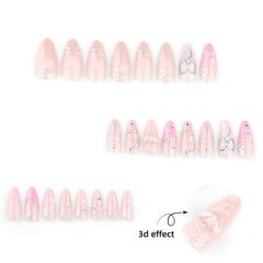 3D Bow Heart Press on Nails 24Pcs Medium Almond Nails