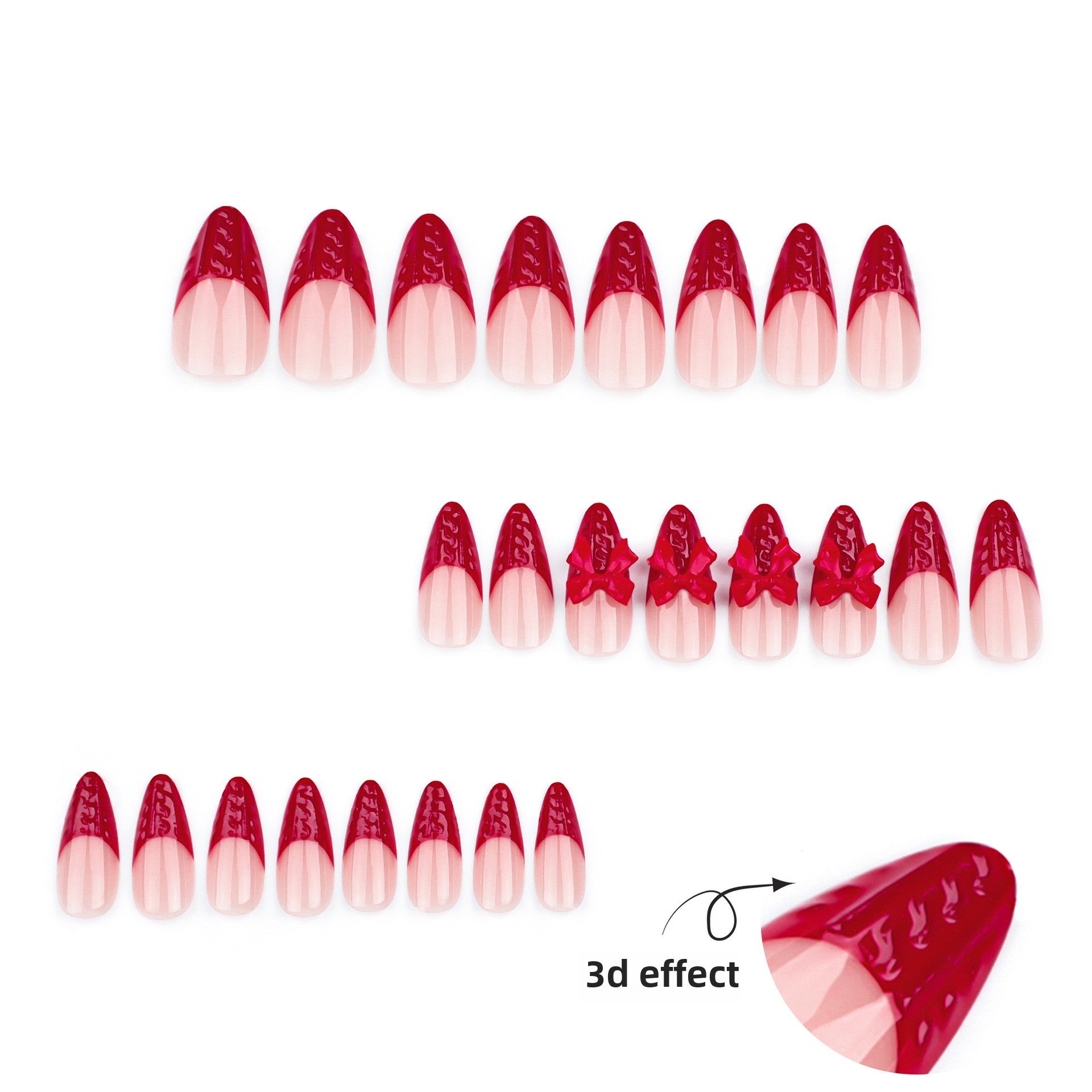 3D Red French Bow Press on Nails 24Pcs Medium Almond Nails