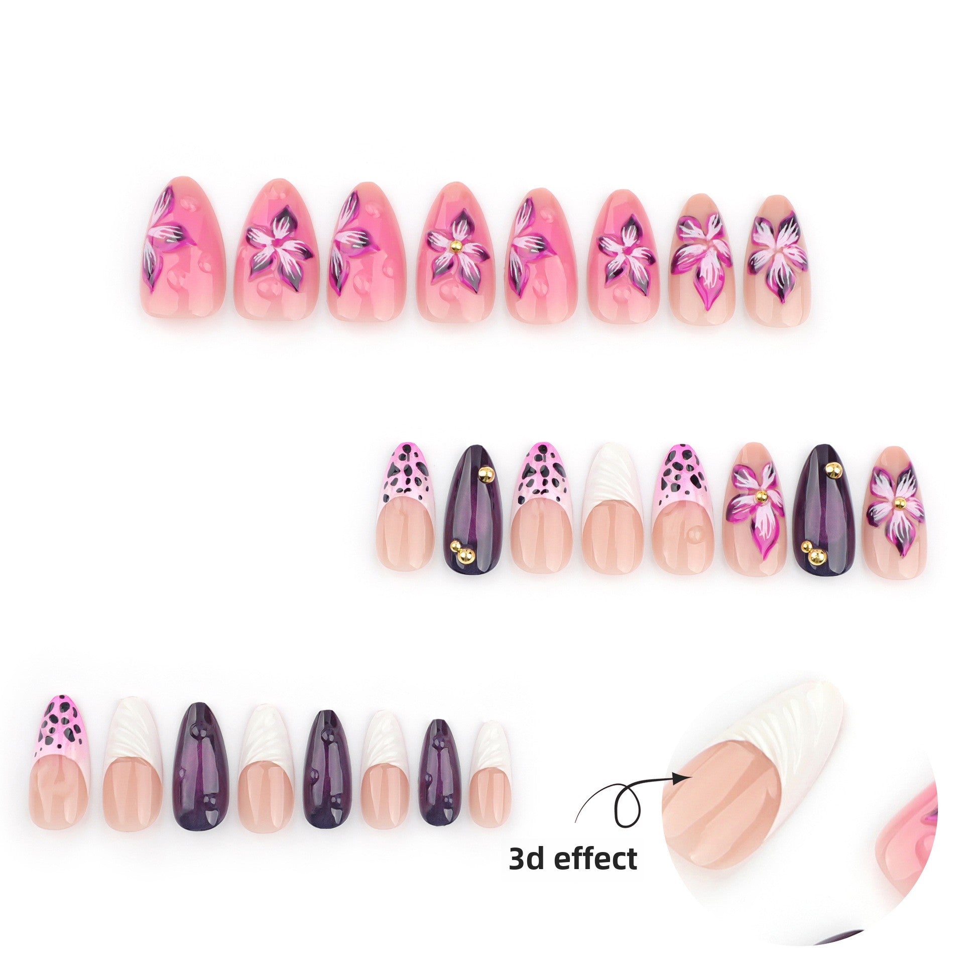 French 3D Purple Flower Press on Nails 24Pcs Medium Almond Nails