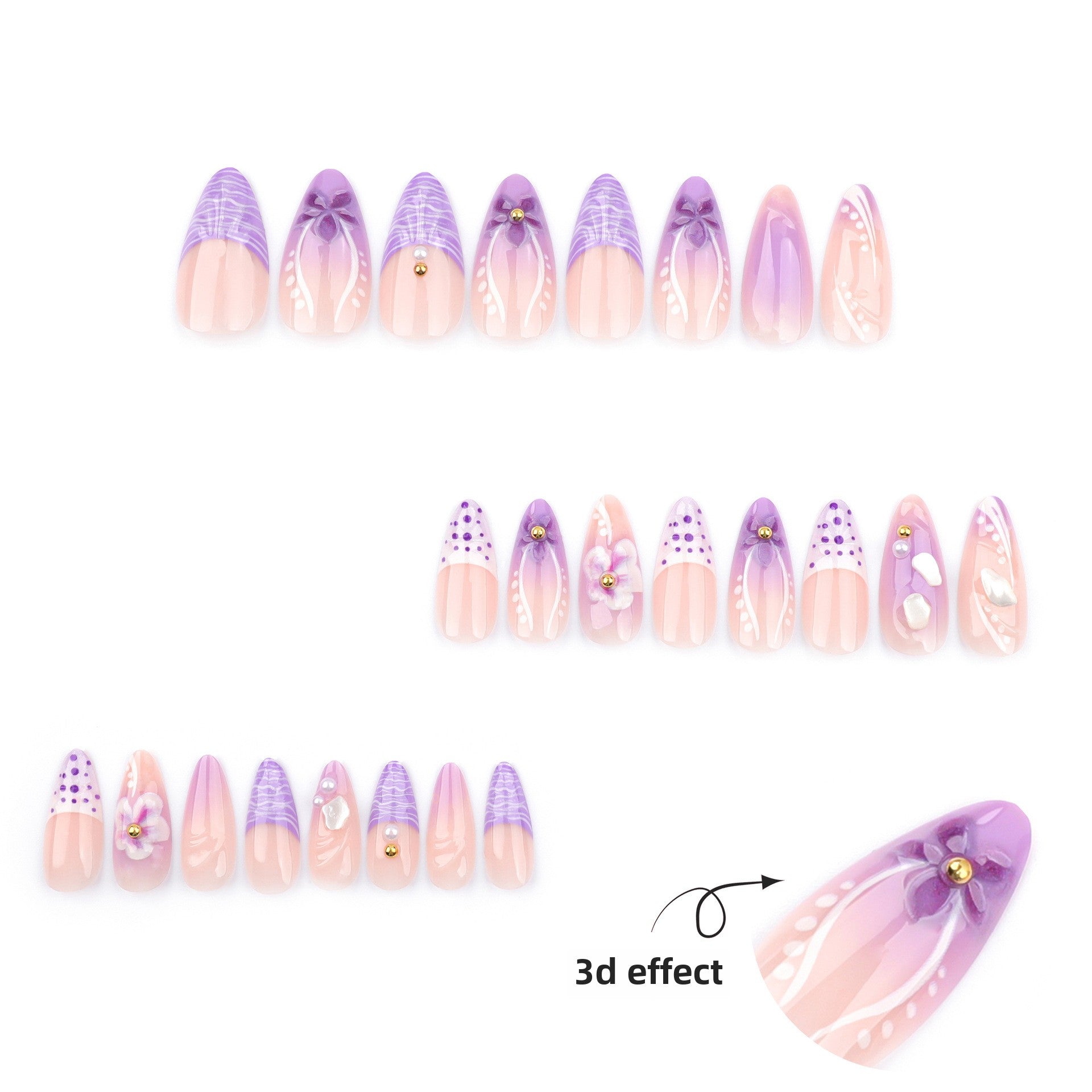 Purple Blooming 3D Flowers Press on Nails 24Pcs Medium Almond Nails