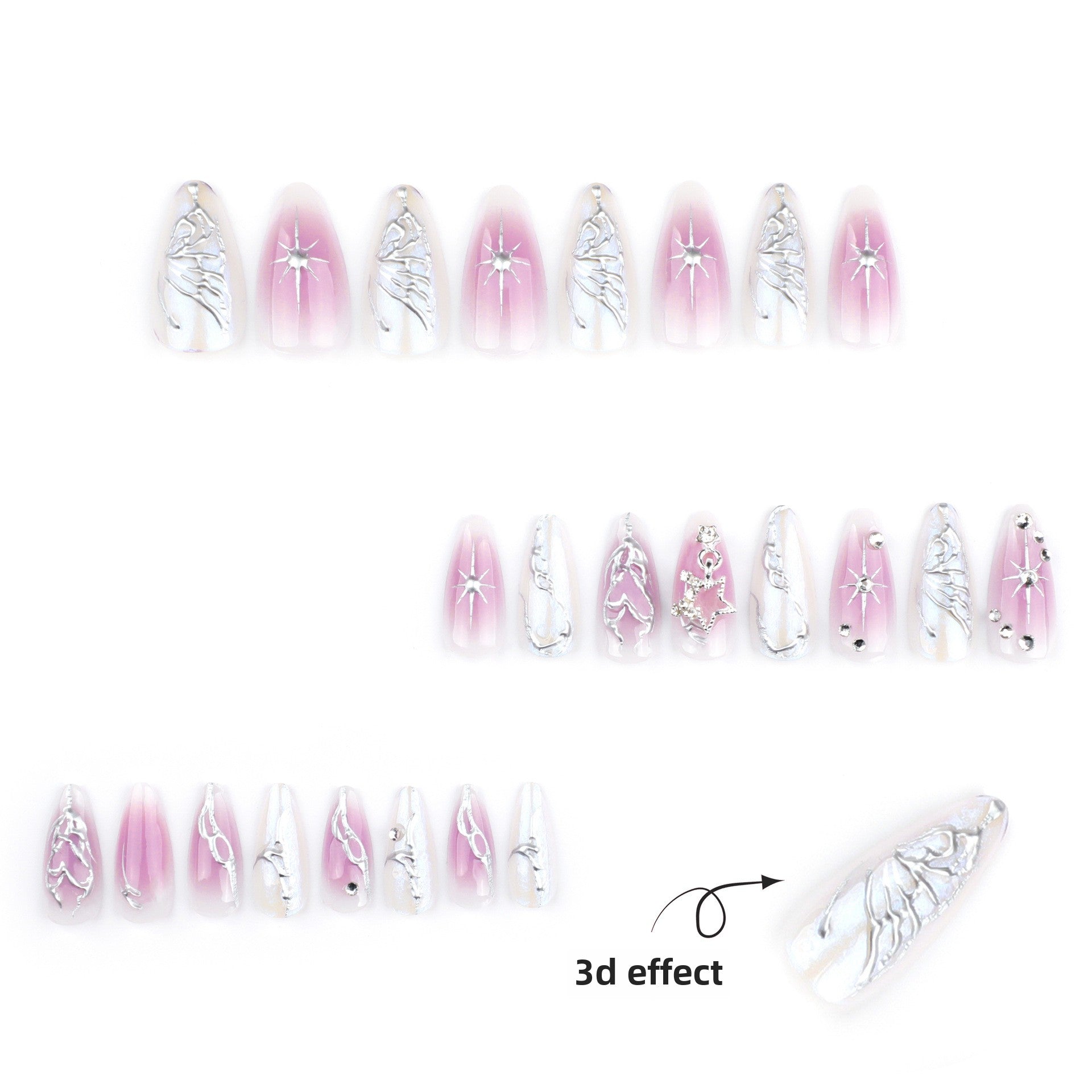 3D Silver Butterfly Press on Nails 24Pcs Medium Almond Nails