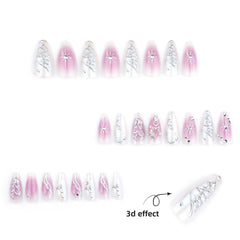 3D Silver Butterfly Press on Nails 24Pcs Medium Almond Nails